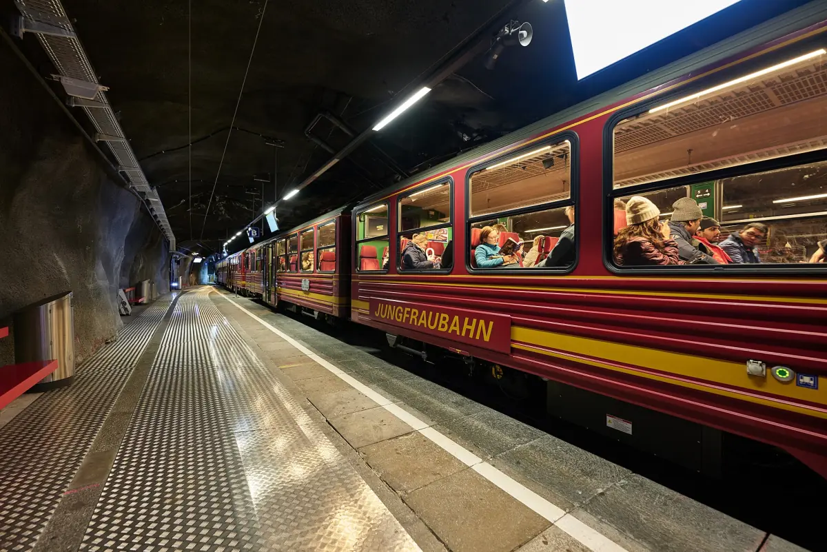 A Jungfrau Railway train in the underground Jungfraujoch station