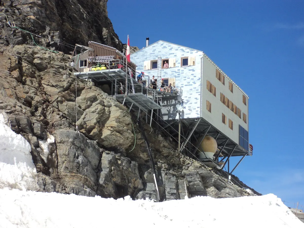 The Mönchsjoch hut on its rock above the glacier